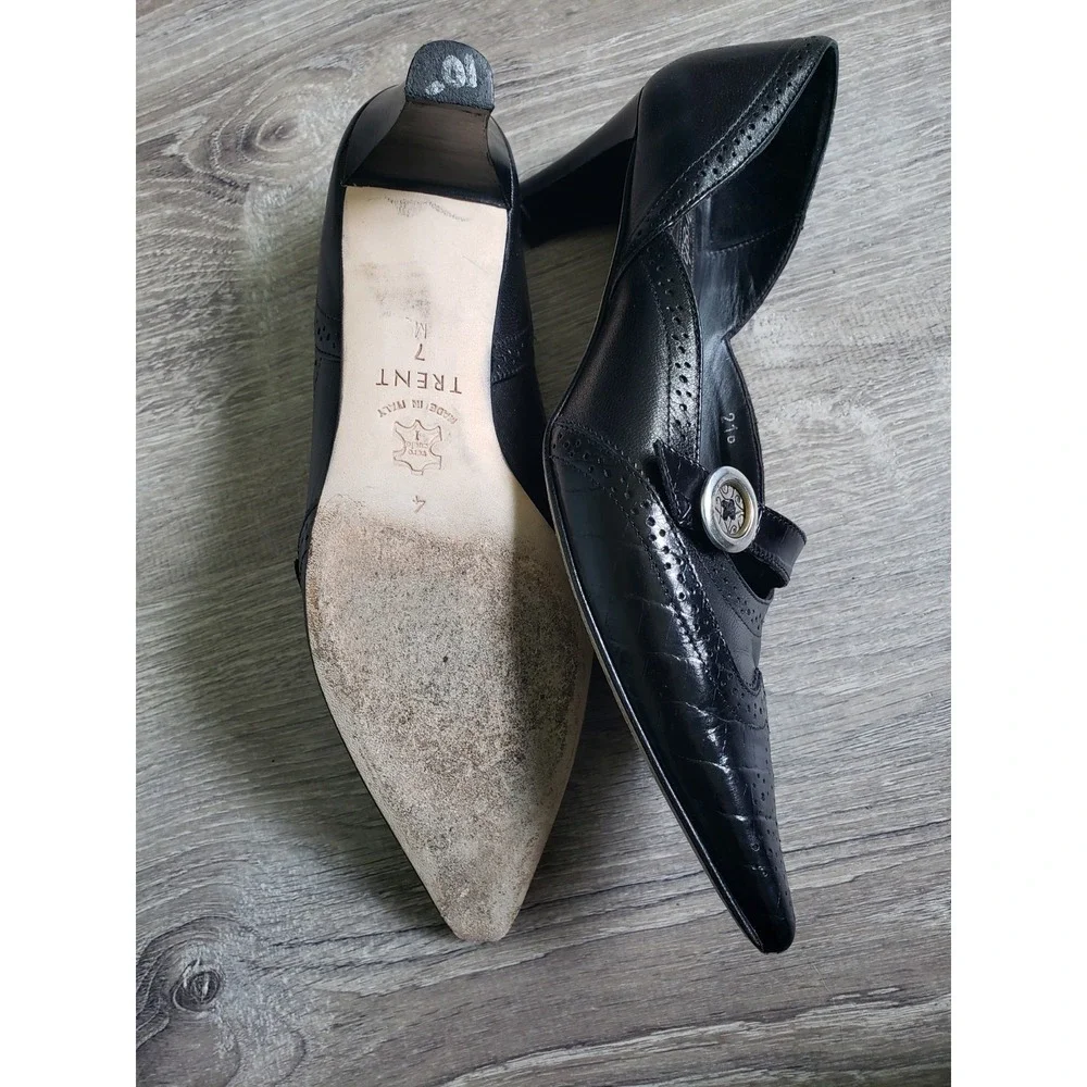 Brighton Trent Sz 7M Heels Black Leather Silver Button Point Toe Shoes Western - Picture 2 of 6